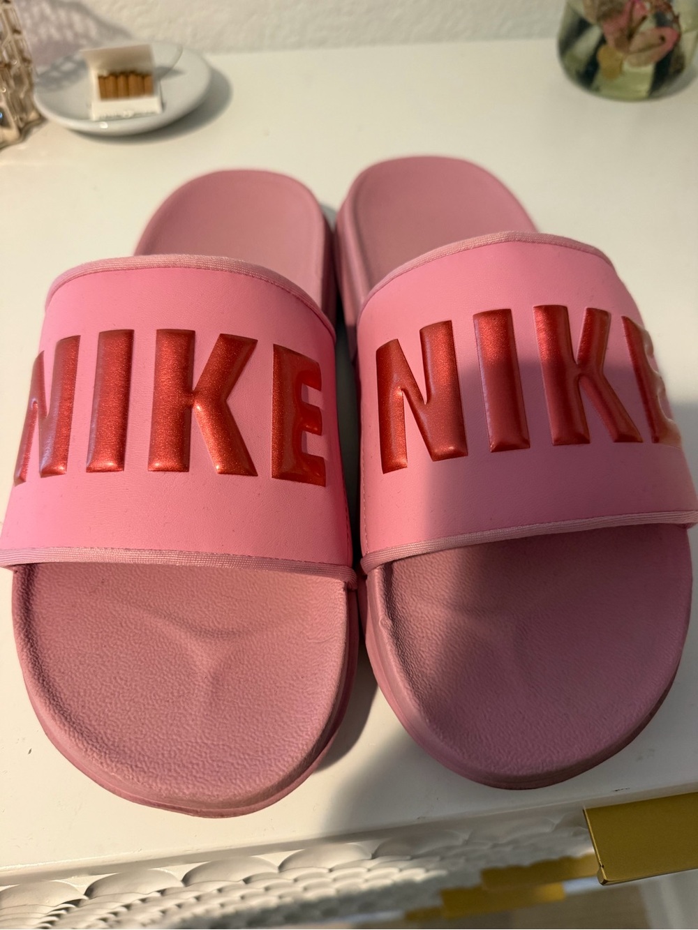 Nike Pink Slide Sandals with Red Logo - Kids